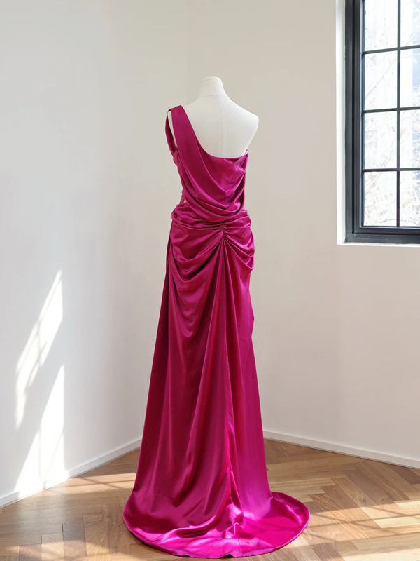 Rose pink one-shoulder fitted waist long ball gown R8517