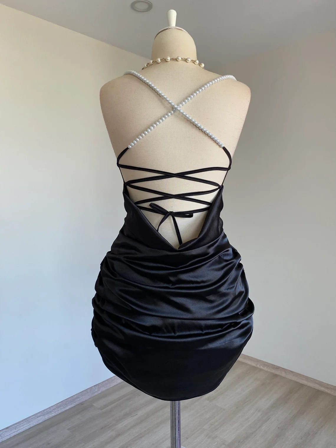 satin backless pleated detail back strap short Homecoming dress