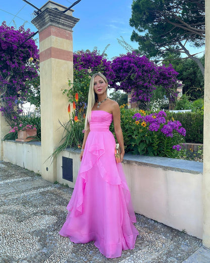 Light pink A-line off-shoulder long ruffled elegant tulle ball gown evening dress gh2684