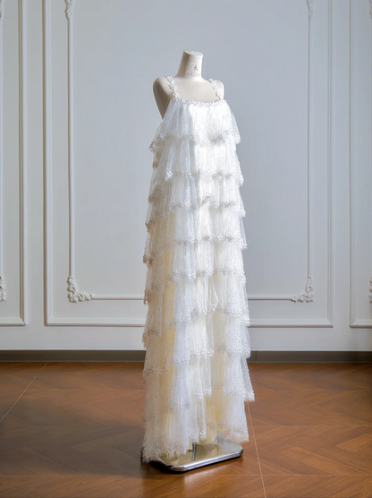 White halter-neck cake skirt long ball gown R8139