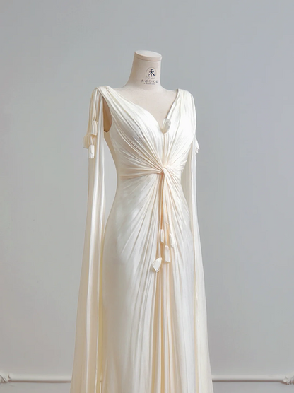 Light apricot V-neck fitted waist long sexy ball gown R8160