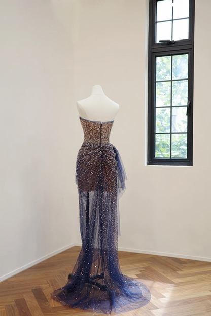 Blue strapless rhinestone-embellished fitted long sexy ball gown R8477
