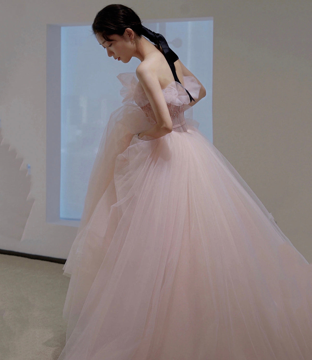 Pink tulle sequins long prom gown A line evening gown  10302
