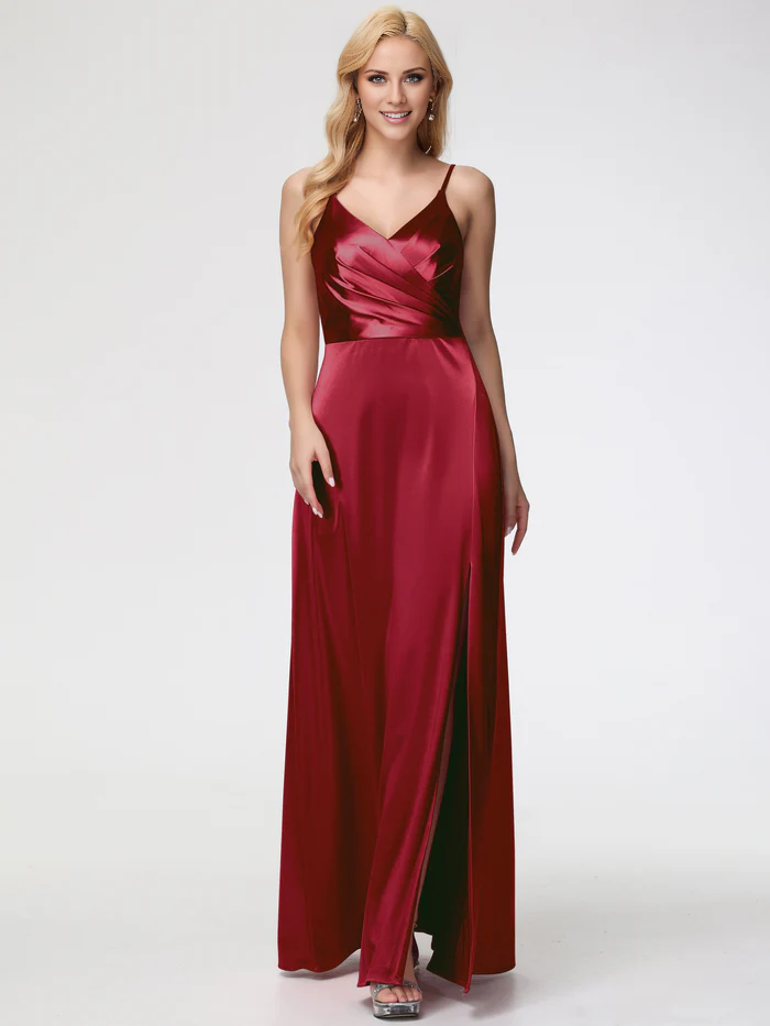 slim shoulder strap A-line V-neck pleated satin Prom dress