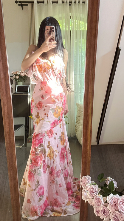 Pink halter-neck ruffled neckline, fitted waist, sexy prom dress R7752