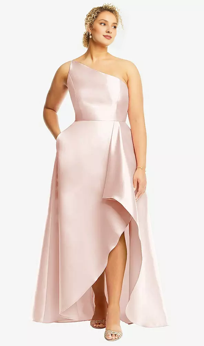 Drawn front slit and pocket with one shoulder satin Prom dress