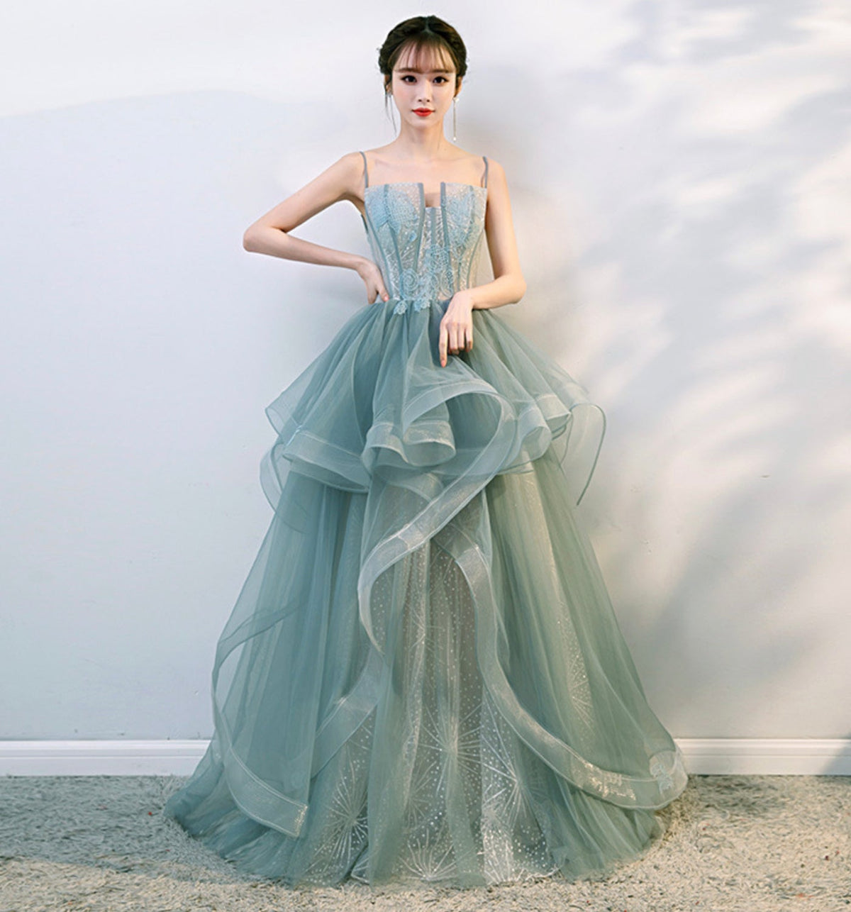 Green tulle lace long prom dress evening gown  10134