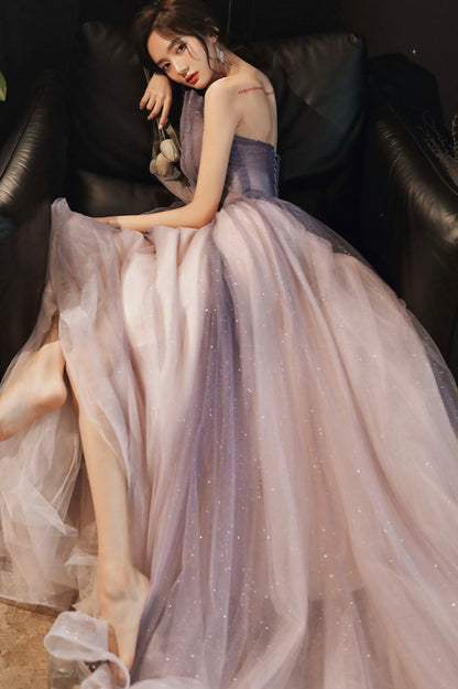 Purple tulle sequins long prom dress evening dress  10624