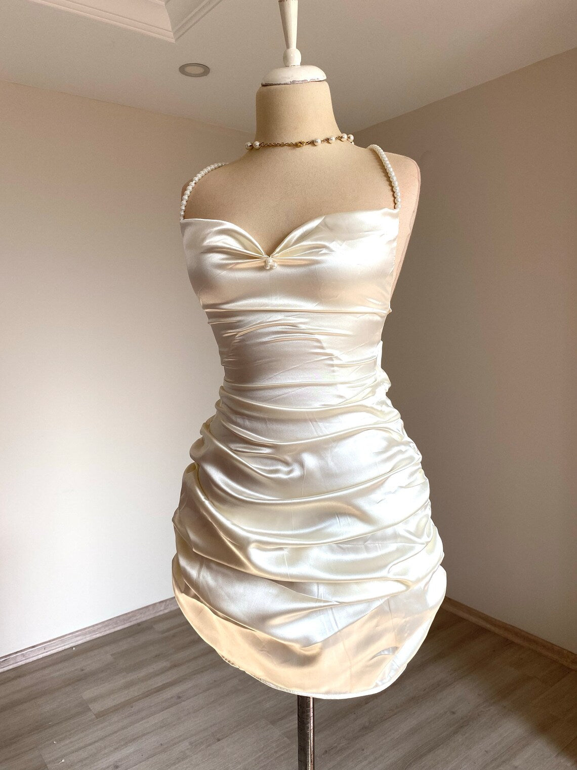 satin backless pleated detail back strap short Homecoming dress