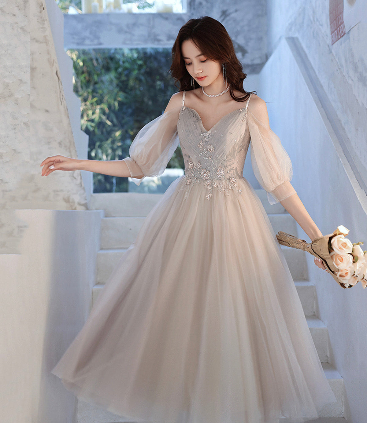 Cute tulle lace A line prom dress lace evening dress  10560