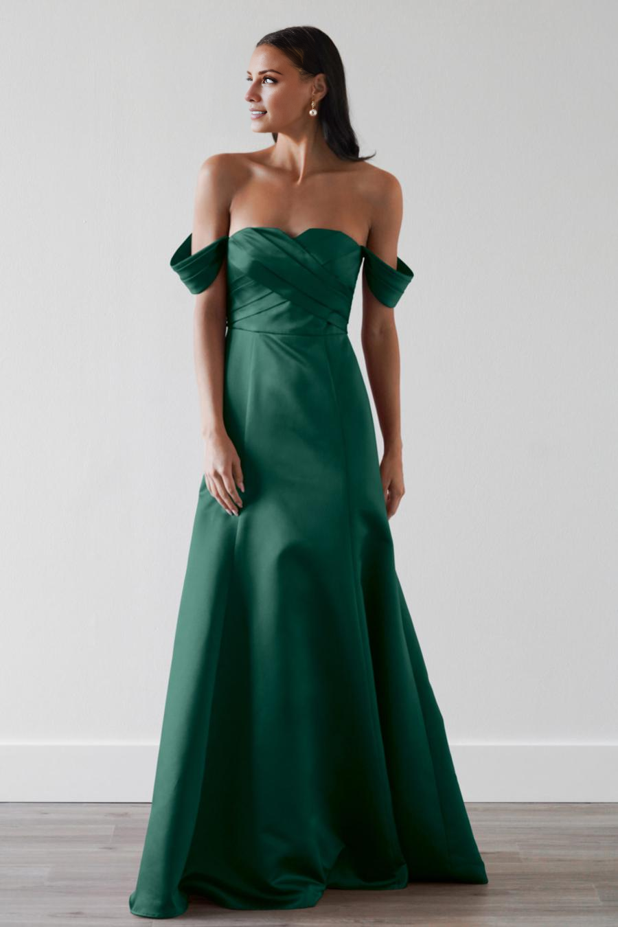 off shoulder collar pleated backless and floor length evening dress