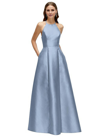A-line hanging neck collar off shoulder sleeveless backless and floor length Prom dress