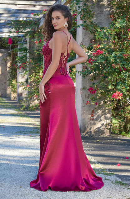 Thin shoulder strap beaded body tight corset slit dress