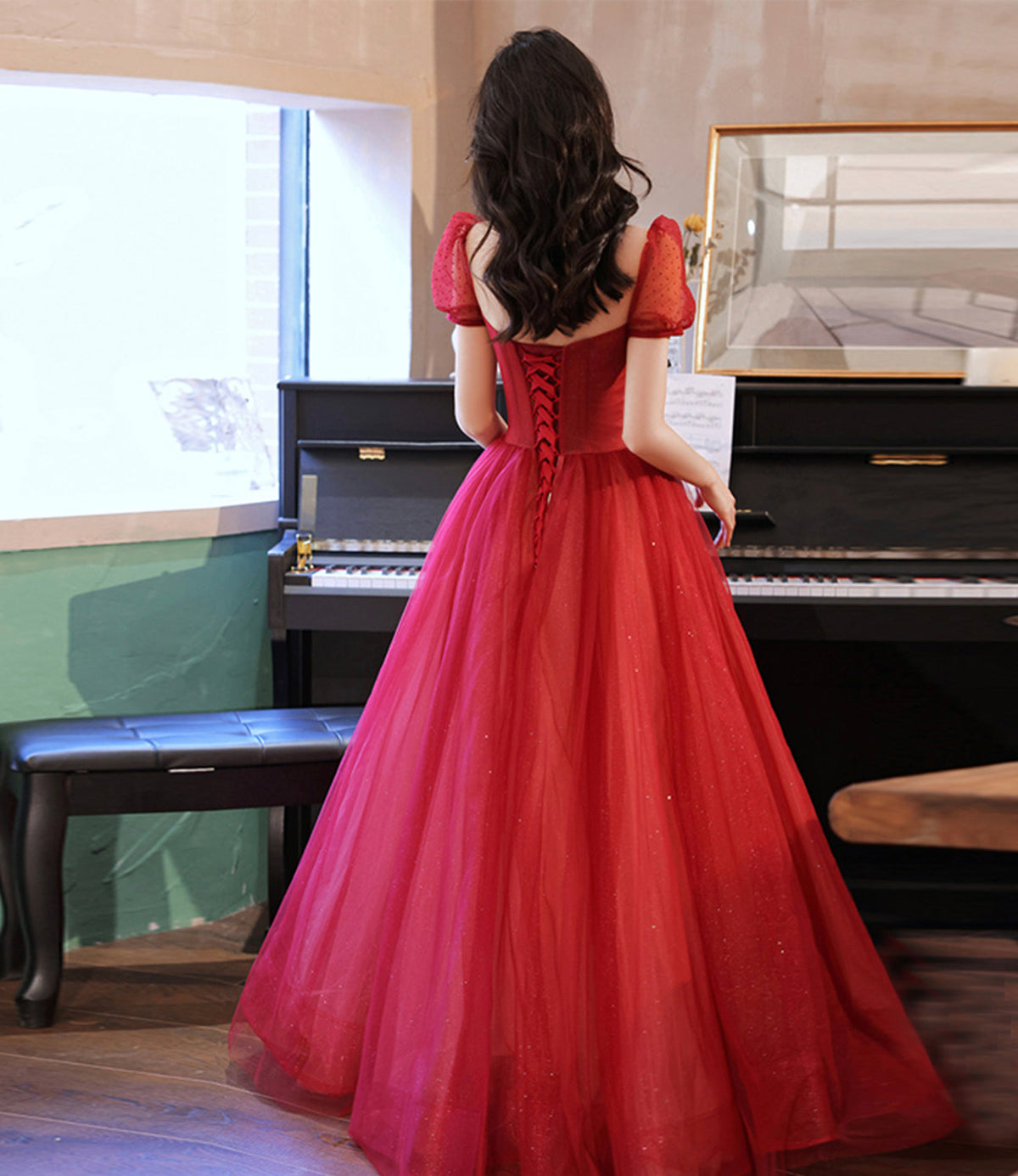 Burgundy tulle beads long prom dress evening gown  10315