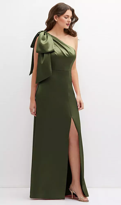 Unique oversized shoulder bow one shoulder satin long Prom dress