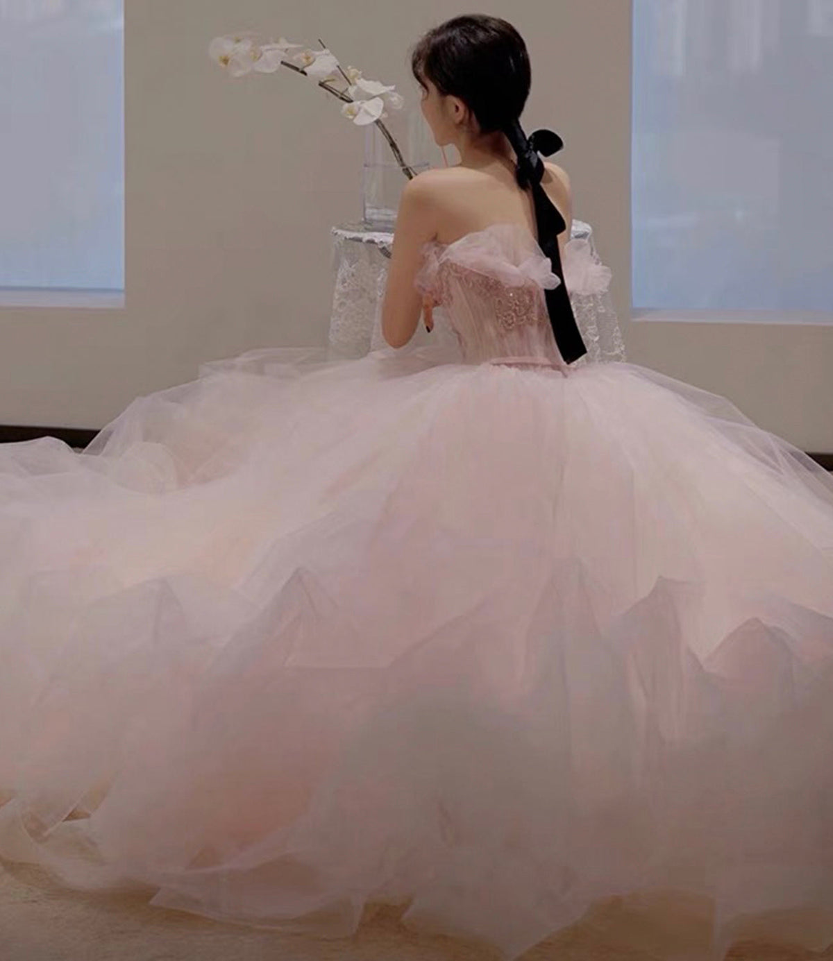 Pink tulle sequins long prom gown A line evening gown  10302