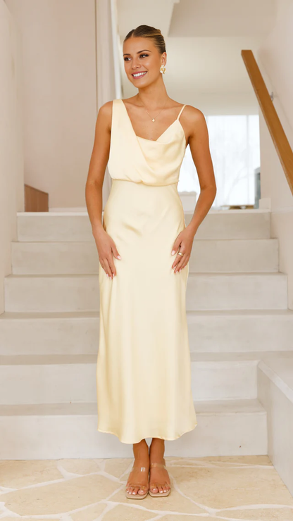 asymmetrical neckline satin backless long Prom dress