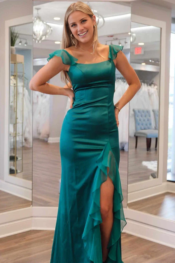 Charming Mermaid Square Neck Green Long Ruffle Prom Dress