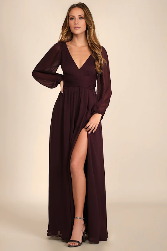 deep V-neck long sleeved backless side slit and floor length evening dress