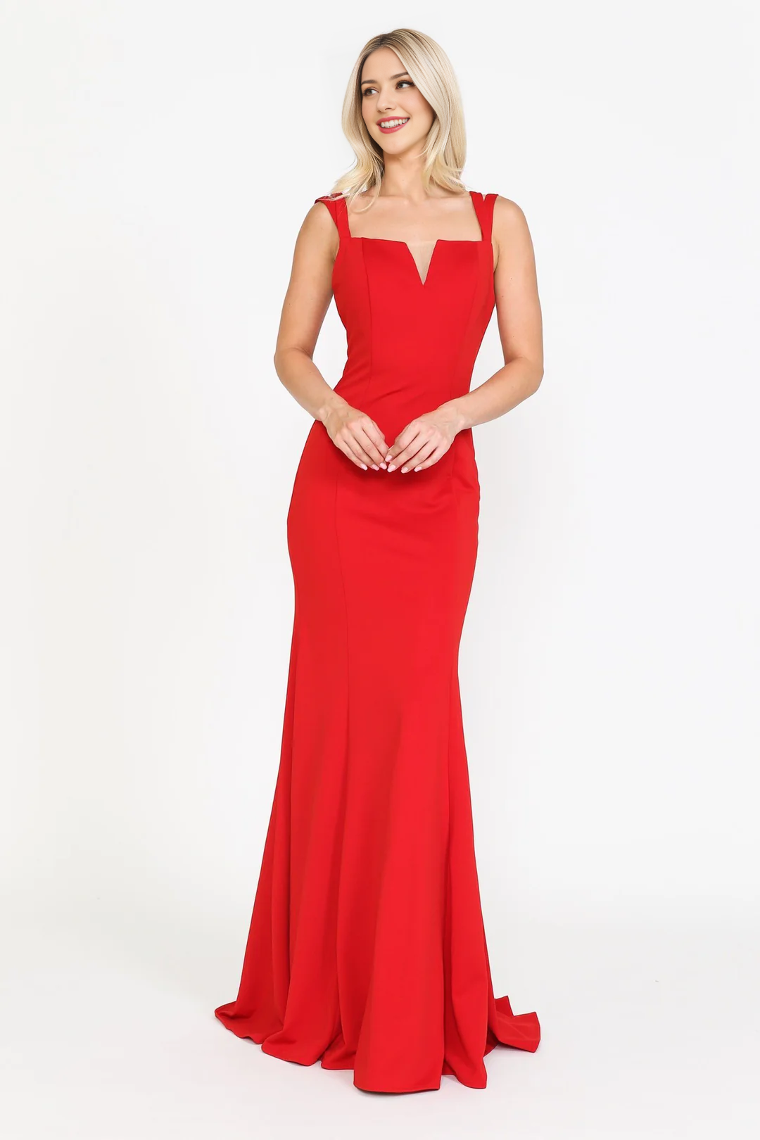 Fitted skirt V-neck plain knit long dress