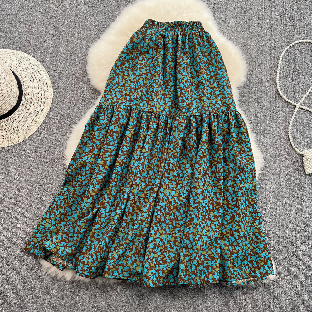 Vintage elastic waist stitched broken flower big swing Chiffon  11278