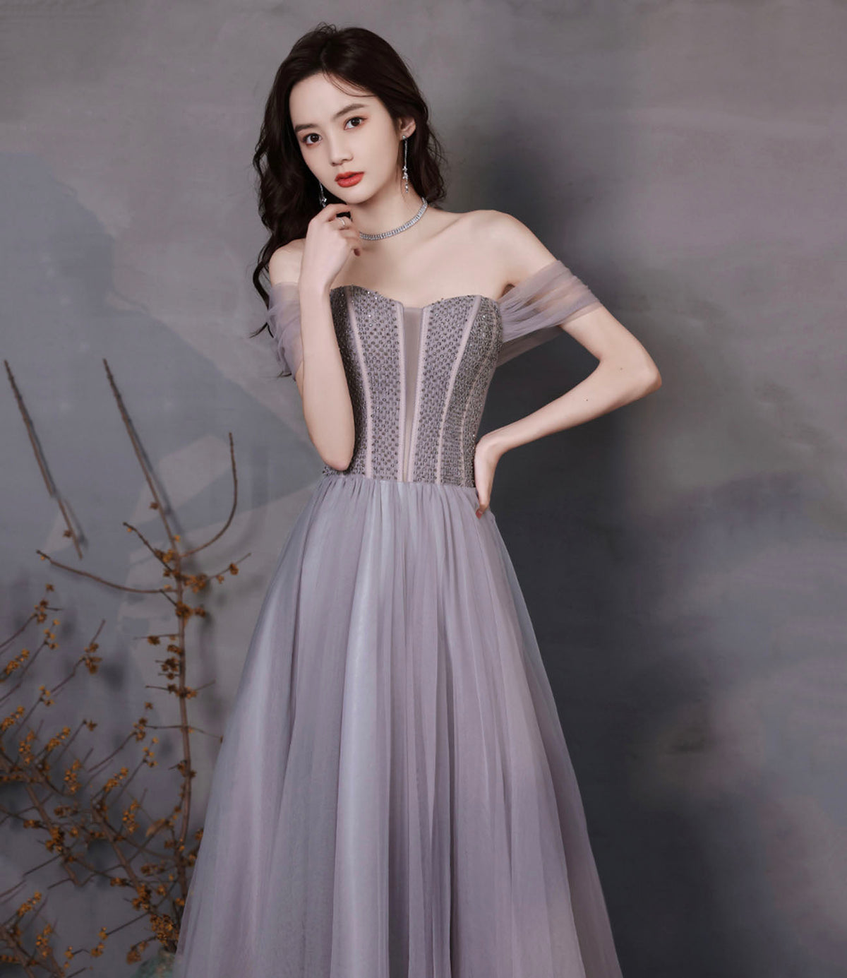 Cute tulle beads long prom dress A line evening gown  10319