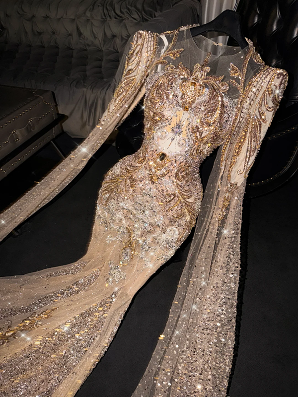 Gold sequined, fitted, bodycon, long, sexy ball gown/bridal dress R8703