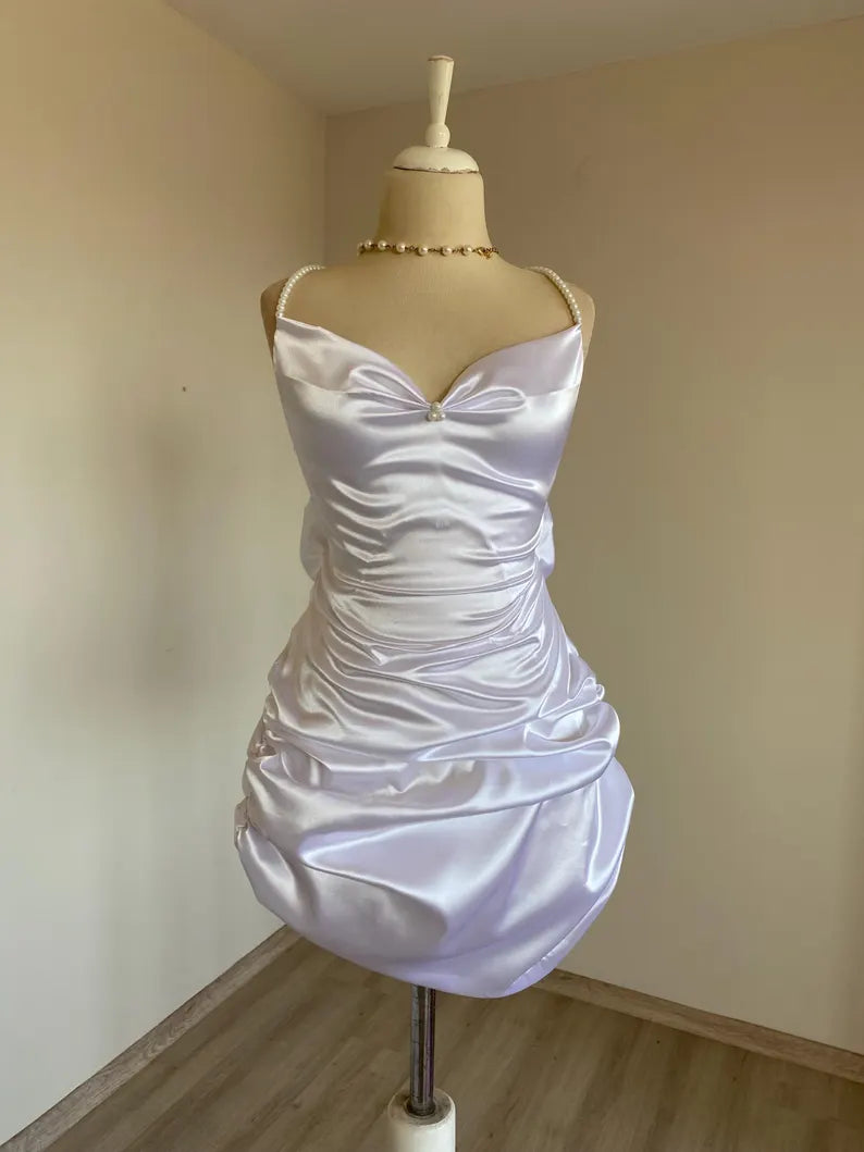 satin backless pleated detail back strap short Homecoming dress