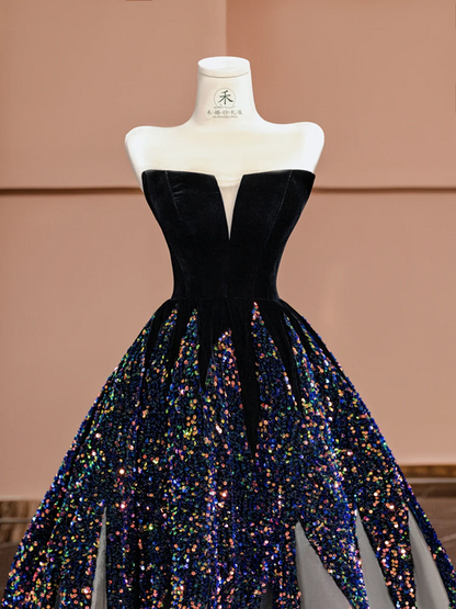 Black strapless, fitted waist, long ball gown with a full skirt R8391