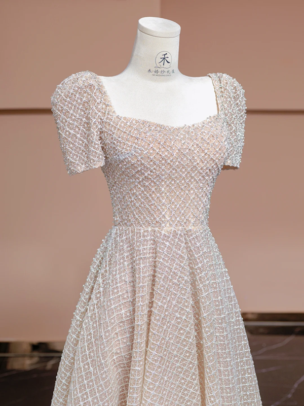 Nude pink square neckline, fitted waist, A-line skirt, long elegant ball gown, bridal dress R8305