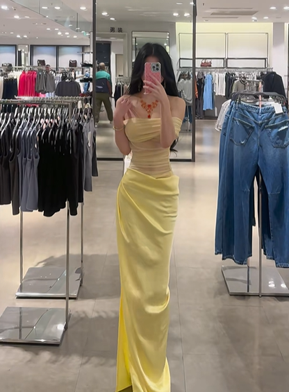 Light yellow off-the-shoulder waist-cinching sexy long prom dress R7912