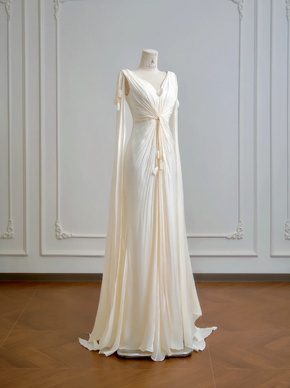 Light apricot V-neck fitted waist long sexy ball gown R8160
