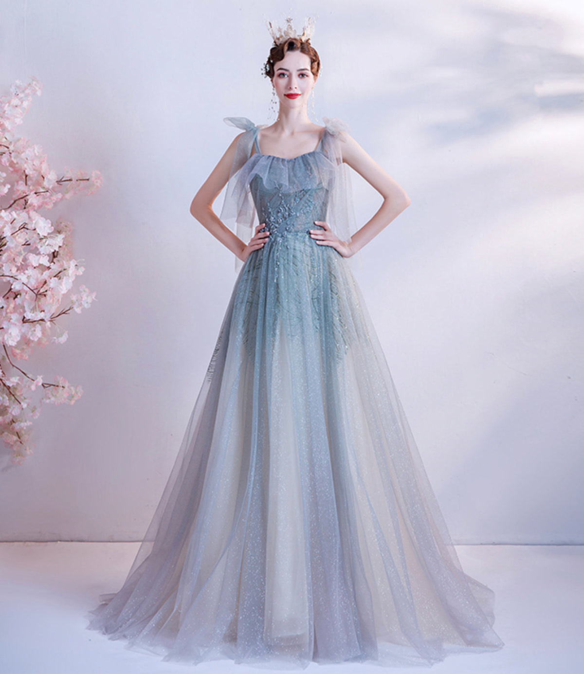 Cute tulle sequins long prom dress A line evening gown  10227