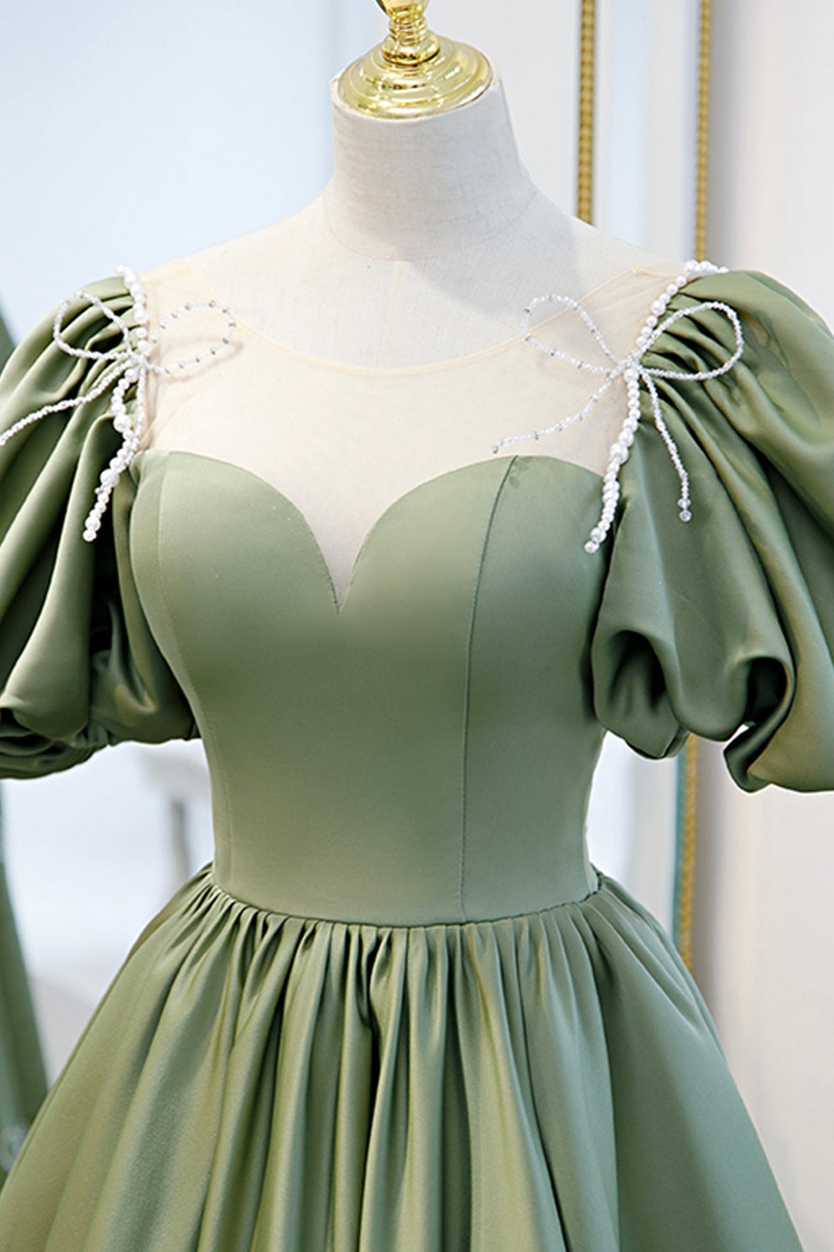 Green satin long A line prom dress evening dress  8745