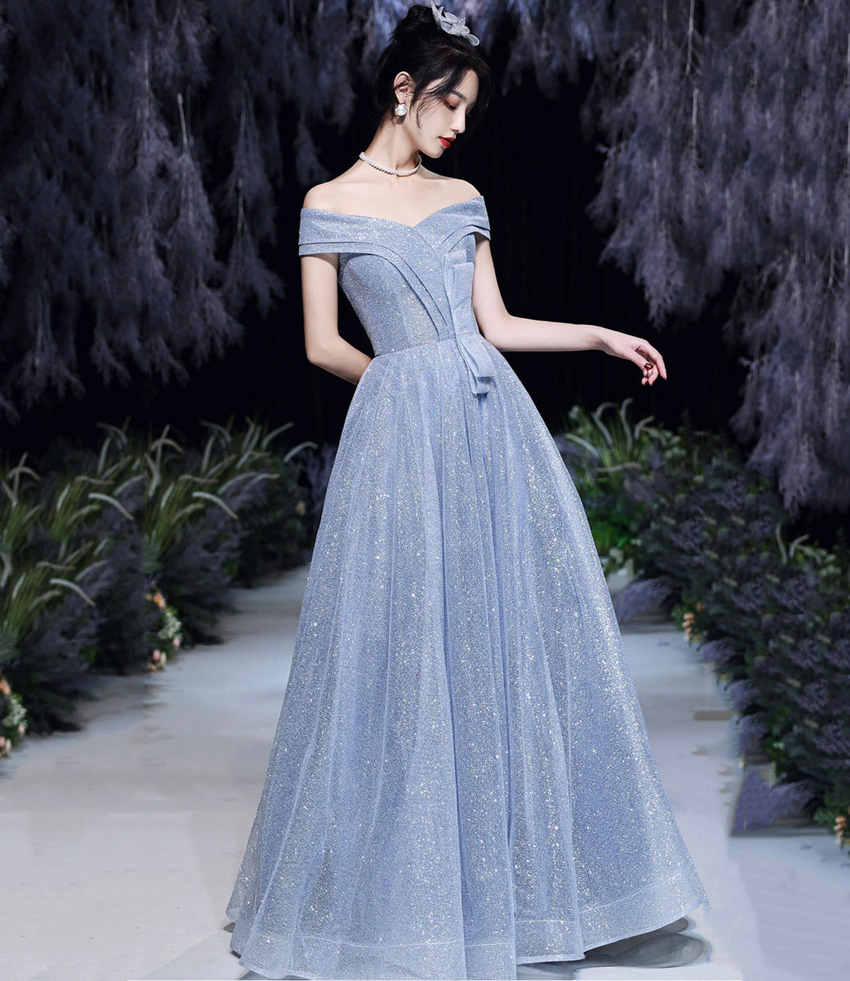 Blue tulle sequins long prom dress blue evening dress  10465