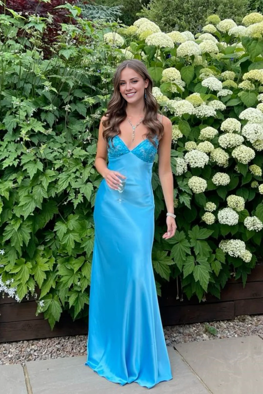 V-neck blue beaded back strap A-line long dress