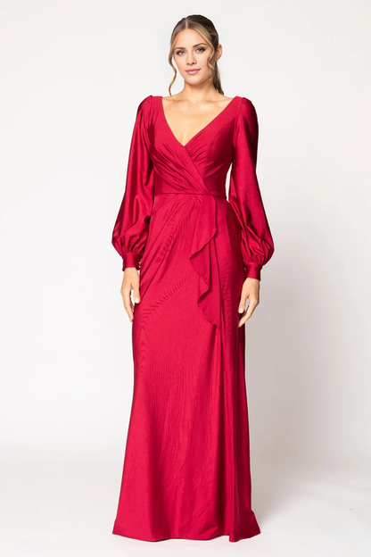V-neck off shoulder long sleeved back zipper and floor length Prom dress