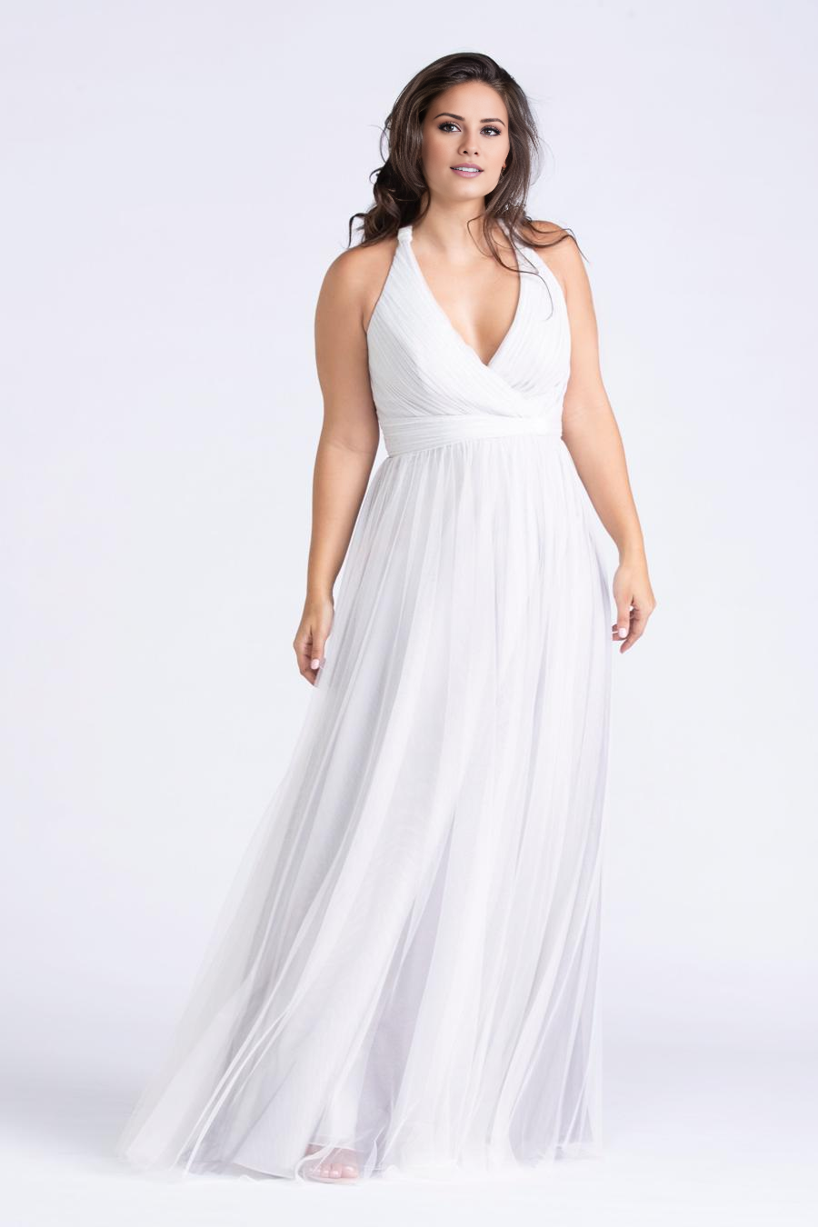 V-neck hanging neck sheer pleated backless and floor length evening dress