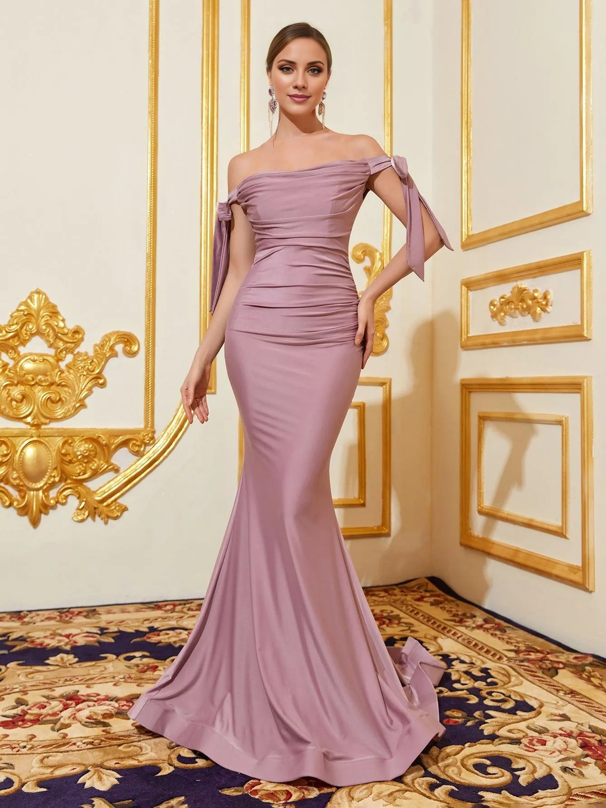 Mermaid off shoulder knot side fold front and floor length formal dresses