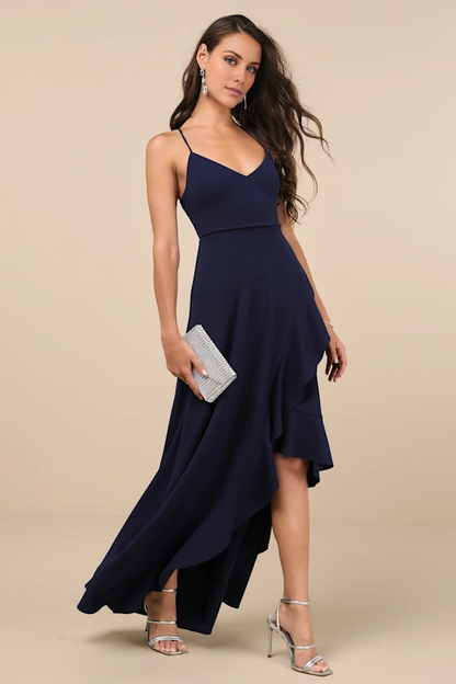 V collar off shoulder sleeveless thin shoulder strap backless and floor length evening dress