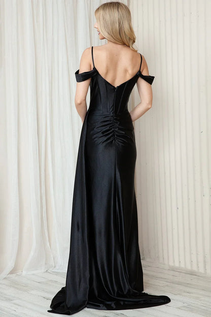 Tailored slit skirt satin off shoulder tight corset long dress