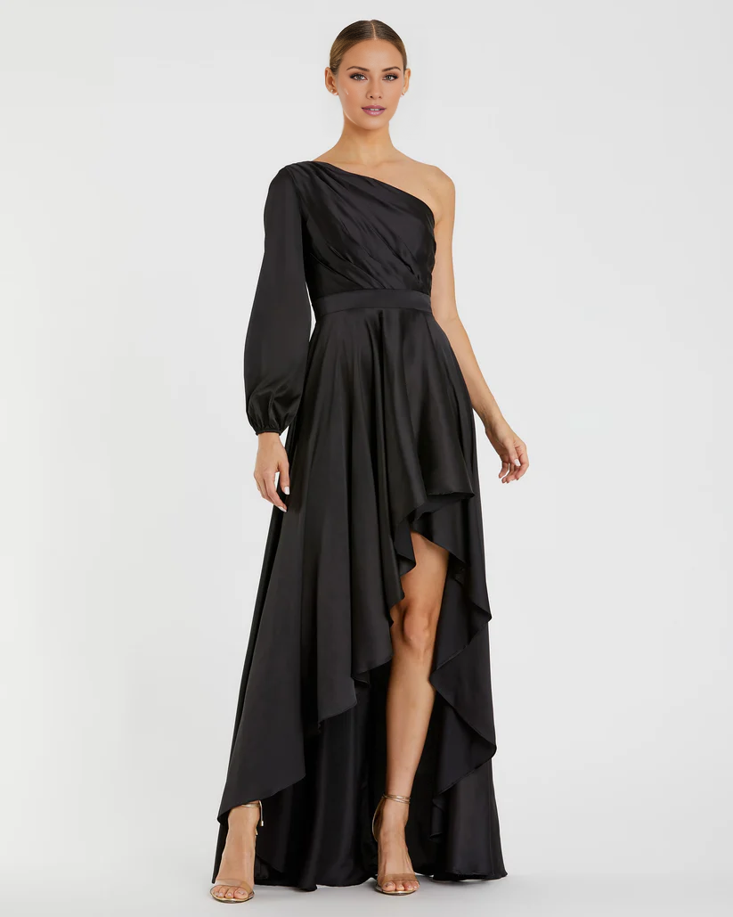 One shoulder neckline asymmetrical floor length evening dress