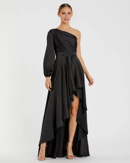 One shoulder neckline asymmetrical floor length evening dress
