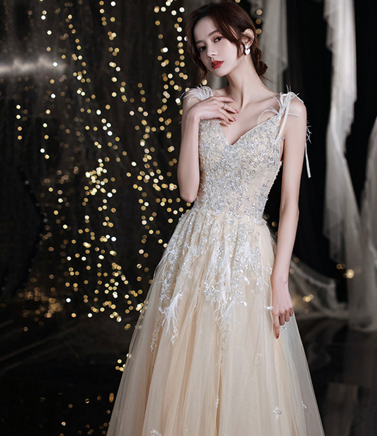Champagne tulle sequins long prom dress evening gown  10281