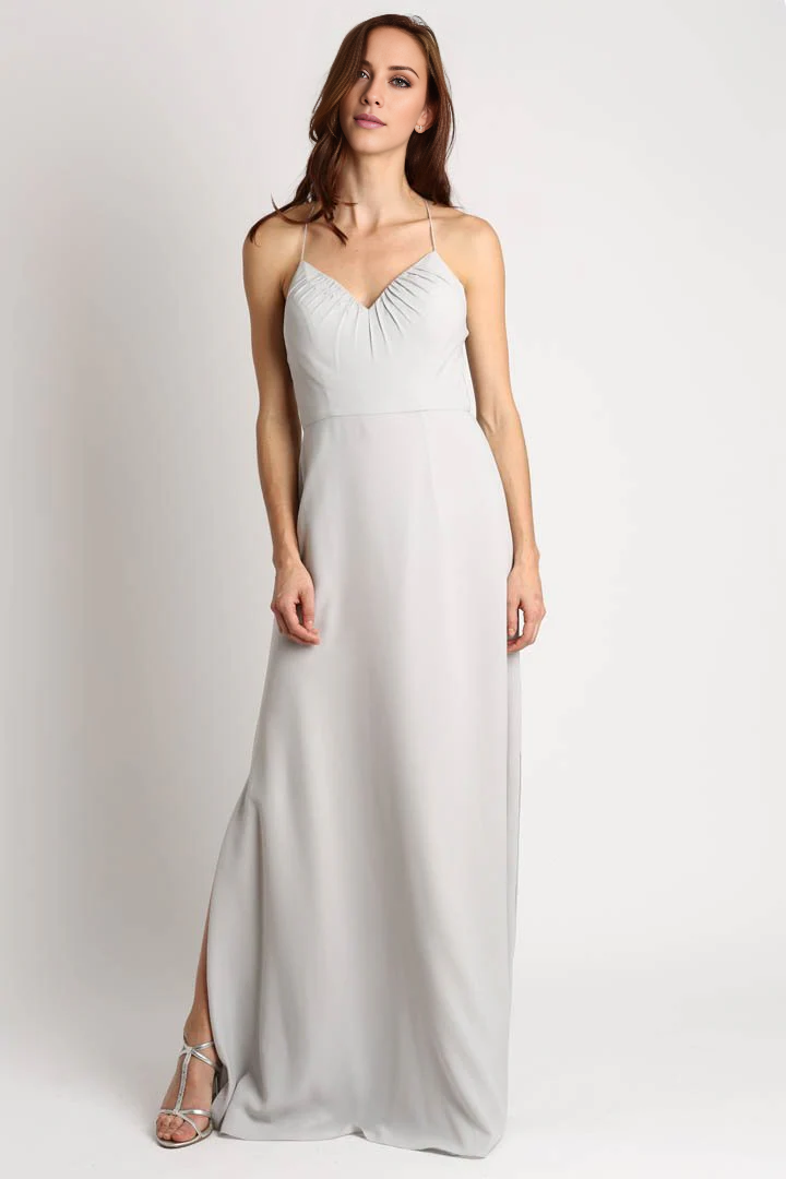 V collar off shoulder sleeveless thin shoulder strap backless and floor length evening dress