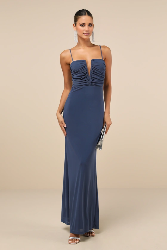 V collar off shoulder sleeveless thin shoulder strap backless and floor length evening dress