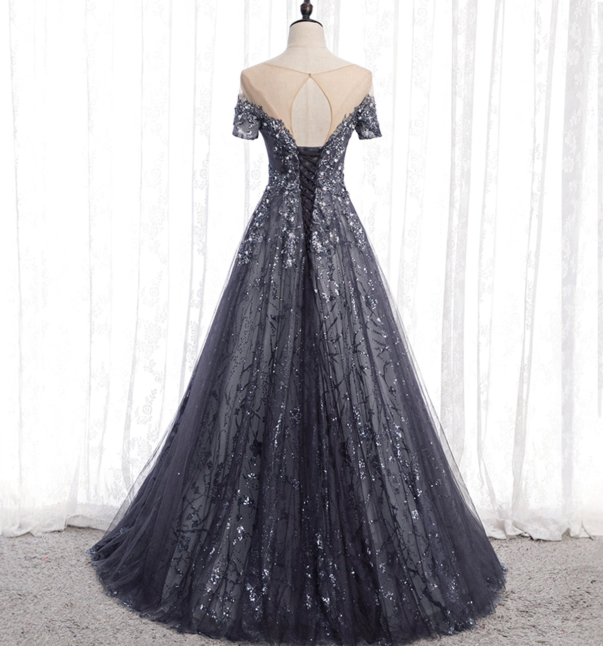 Gray tulle sequins long prom dress A line evening gown  10002