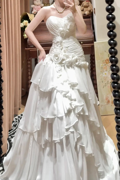 girlhomeshops-White Sweetheart Neckline Floral Long Tulle Princess Formal Prom Dress Graduation Dress Evening Dress Wedding Dress gh5976