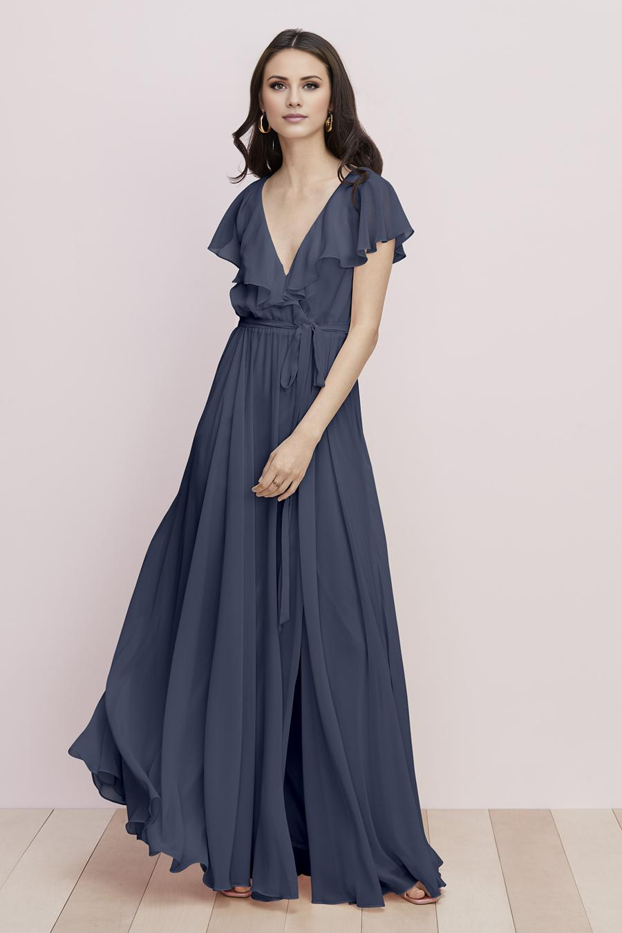 deep V-neck short sleeved backless and floor length evening dress