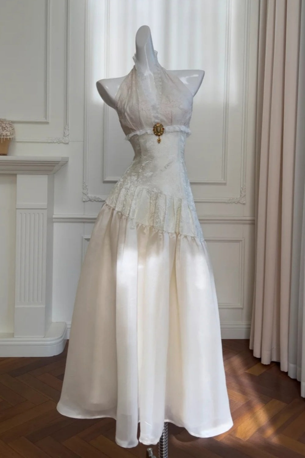 girlhomeshops-Vintage Lace Jacquard Halter Evening Dress, Long Sleeveless Elegant Party Gown gh5902